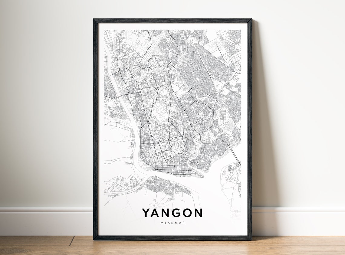 Yangon Myanmar City Street Map Minimal Black White Map Wall Print