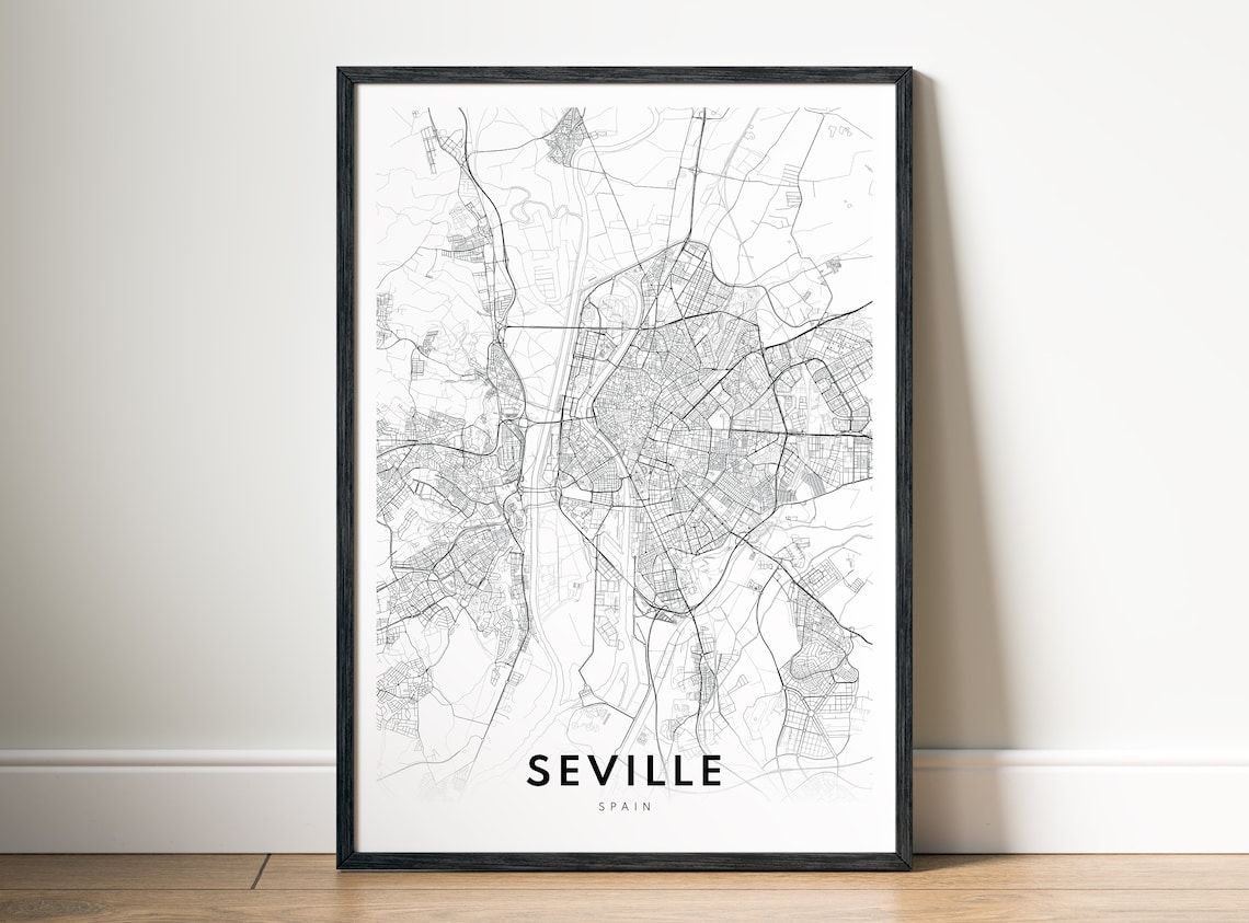 Seville Spain Minimalist City Center Street Line Map Travel Poster