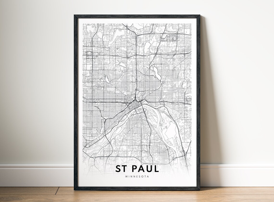 Saint Paul Minnesota Black and White City Street Map River Poster