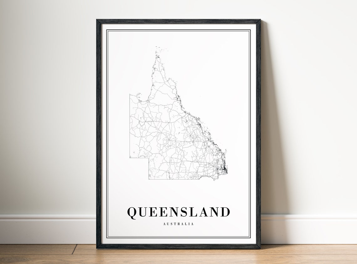 Queensland Australia Road Map Black White Line Art Minimalist Poster