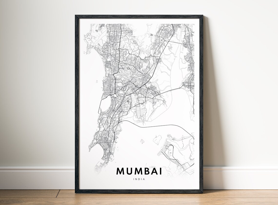 Mumbai India City Street Map Minimalist Line Art Black And White Print