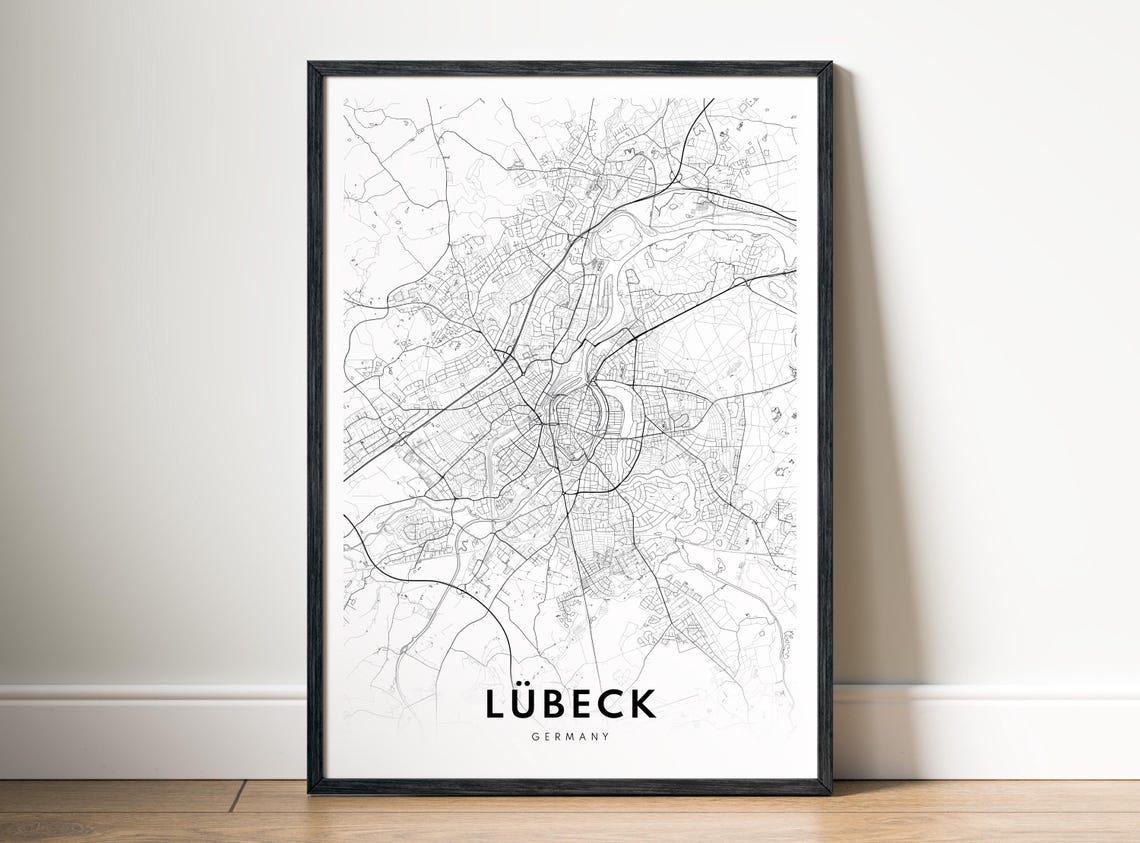 Lubeck Germany Minimalist Black and White City Street Map Poster