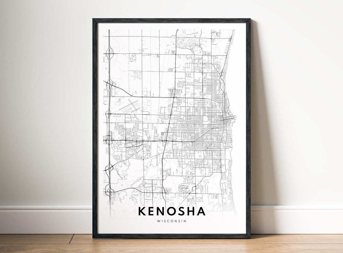 Kenosha Wi City Map Poster Wisconsin Black And White Minimalistic