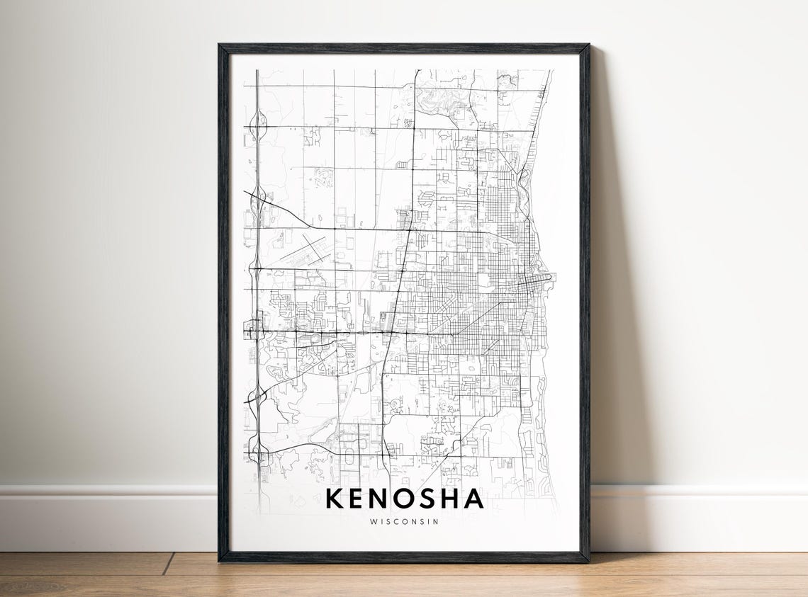 Kenosha Wisconsin City Street Map Minimalist Black White Wall Art
