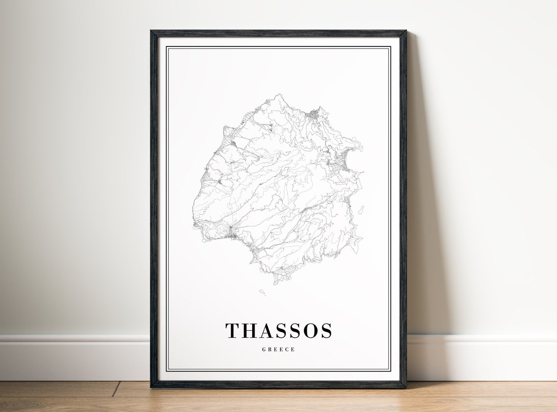 Thassos Greece Island Minimalist Line Art Black White Map Poster