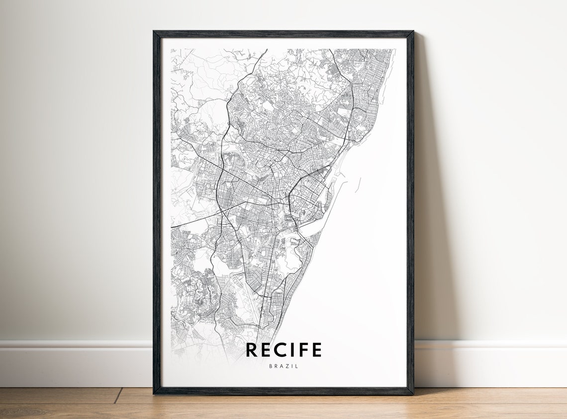 Recife Brazil City Street Map Minimal Black White Map Wall Print