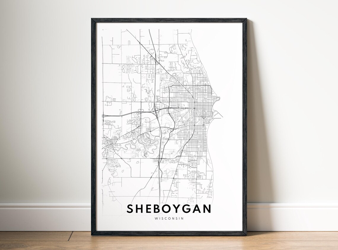 Sheboygan Wi City Map Poster Wisconsin Black And White Minimalistic