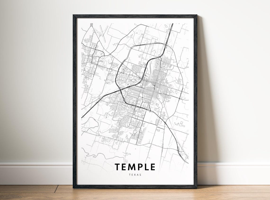 Temple Texas City Street Map Minimalist Black and White Poster