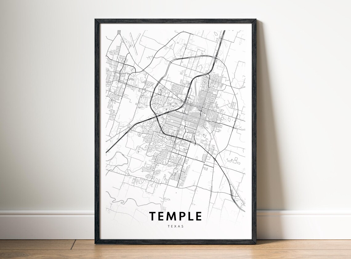 Temple Tx Map Print Texas Poster City Black And White Wall Art