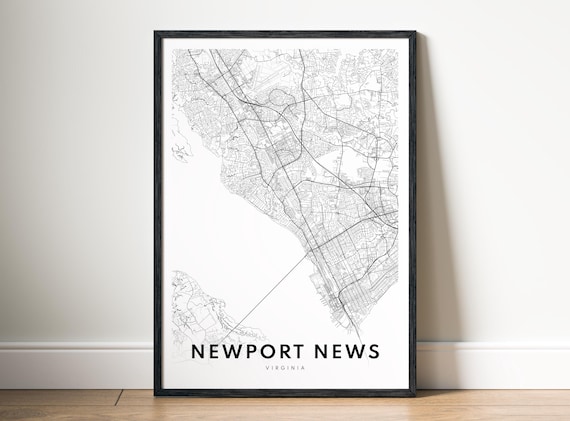 Newport News Virginia City Map Poster Black And White Minimalist Wall Art Modern