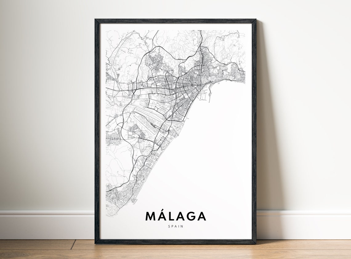 Malaga Spain Minimalist Black and White Coastal City Map Poster