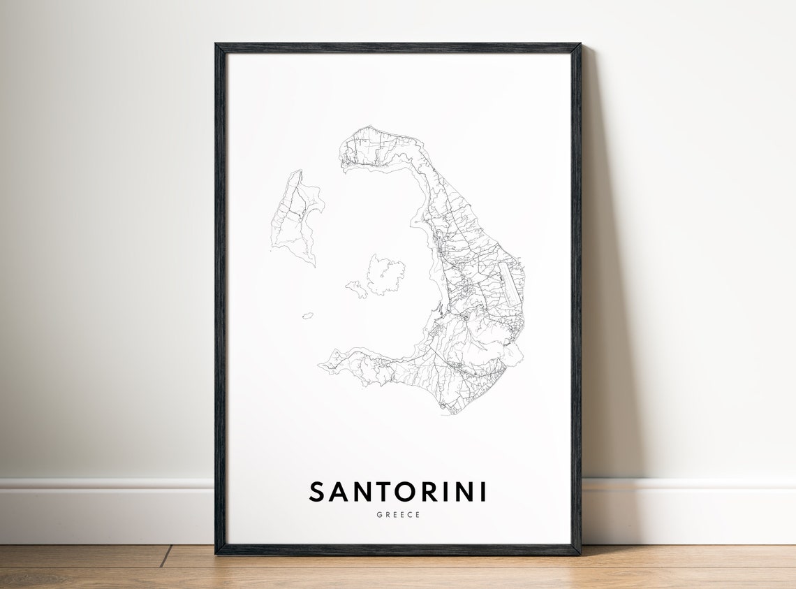 Minimalist Santorini Island Outline Black and White Map Poster - Image 5