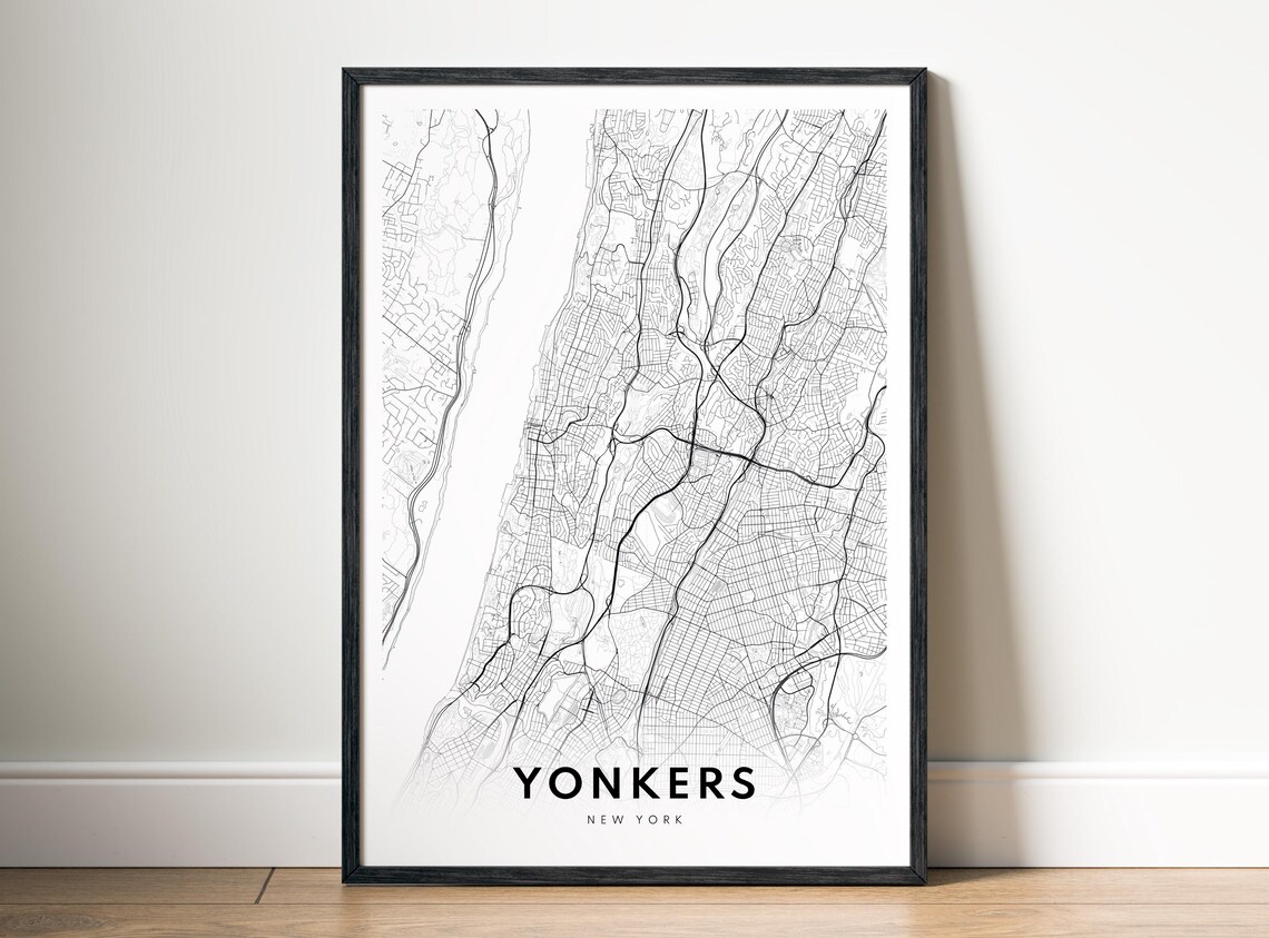 Yonkers Ny City Map Poster New York Black And White Minimalistic