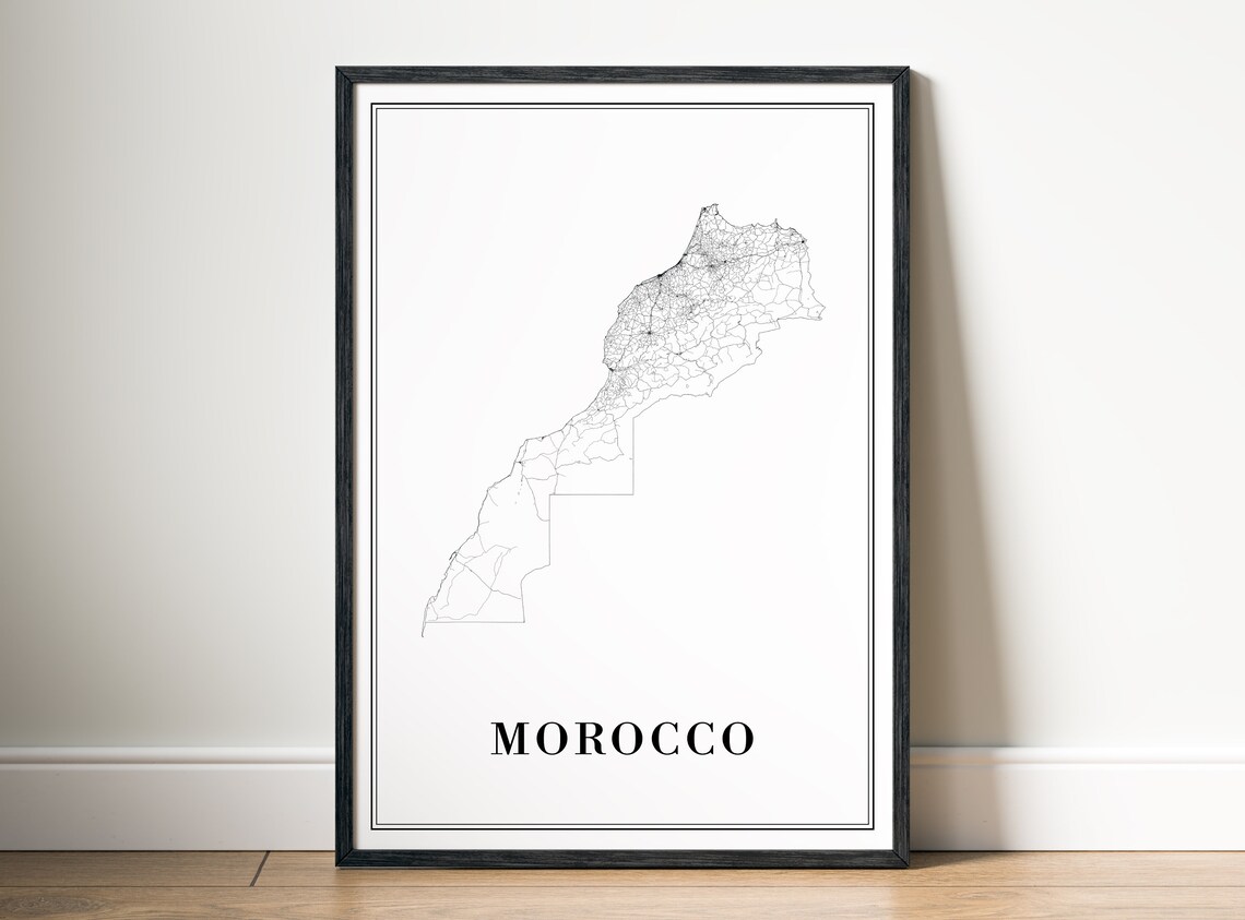 Morocco Minimalist Black And White Country Outline Map Poster