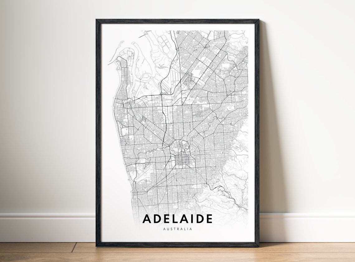 Adelaide Australia Black and White City Street Map Coastal Poster