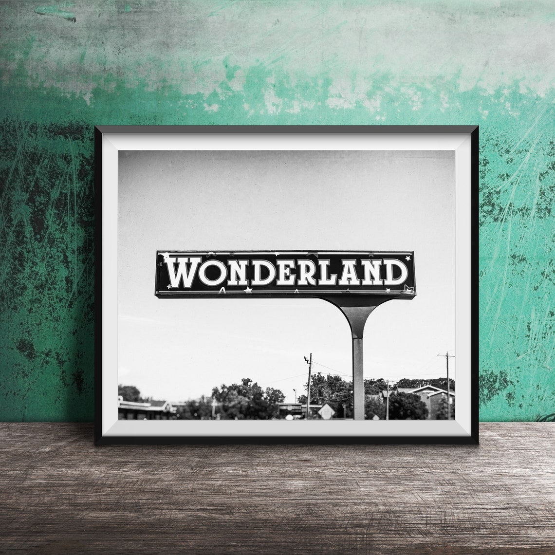 Wonderland Vintage Roadside Sign Against Bright Blue Sky Poster - Image 2
