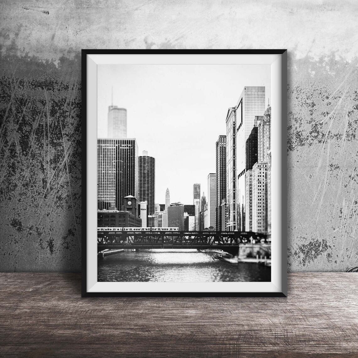 Chicago River Skyline With Train Crossing Bridge Daytime Poster - Image 2