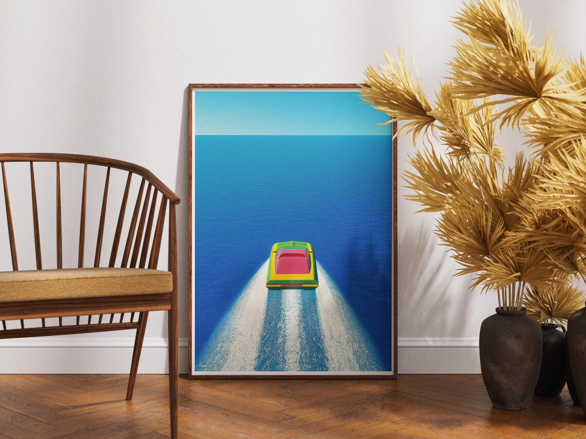 Colorful Speedboat Aerial Seascape Minimalist Ocean Art Poster - Image 4