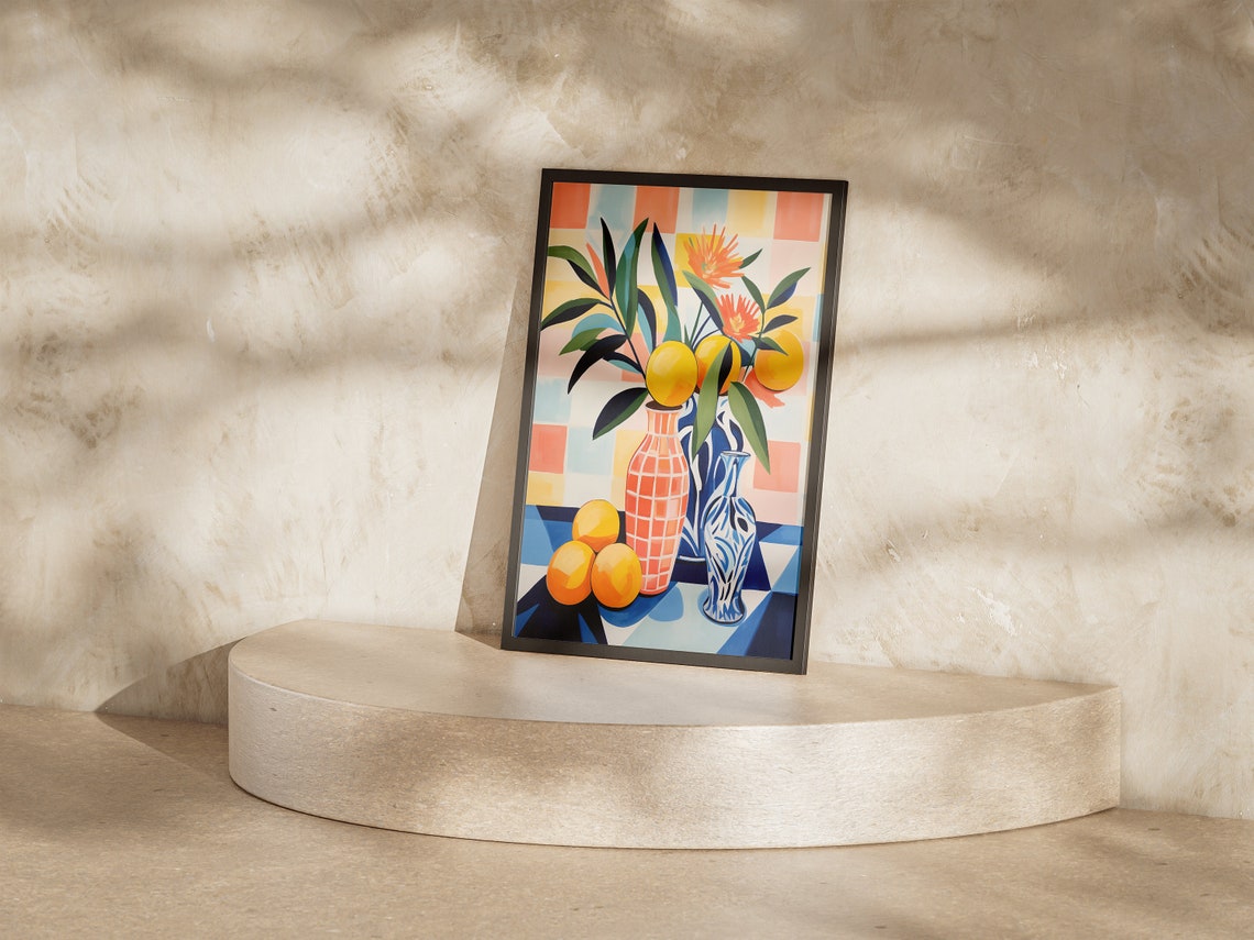 Lemon and Floral Still Life Checkered Colorful Kitchen Art Print - Image 4