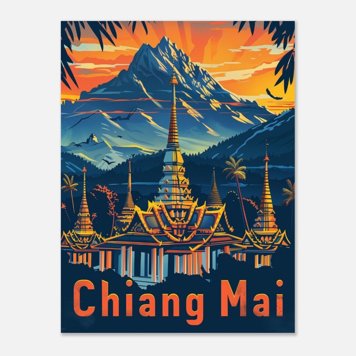 Chiang Mai Golden Temple Chedi Mountain Sunset Thailand Travel Poster - Image 2