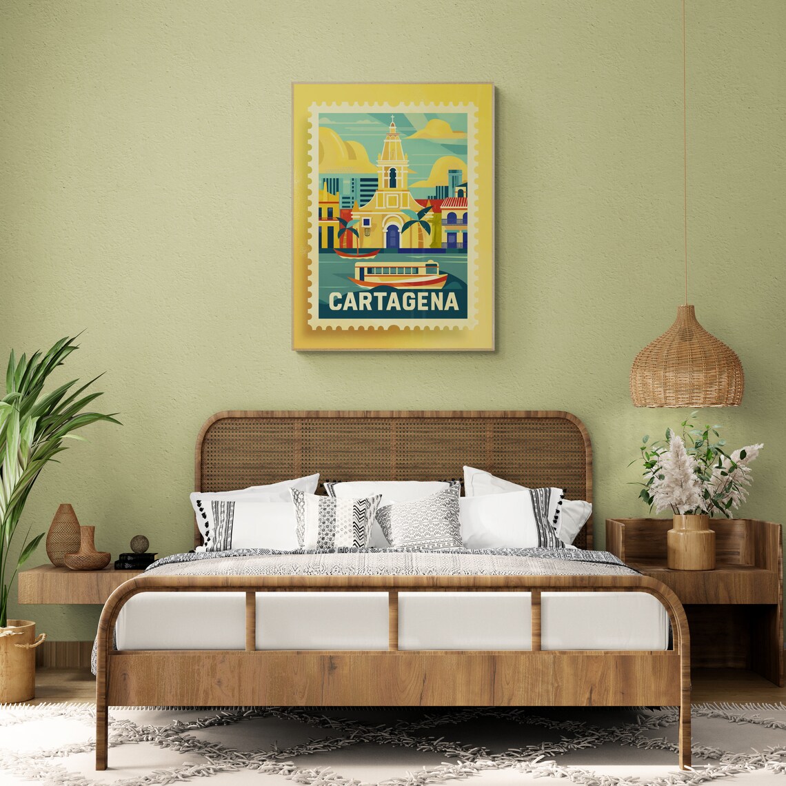 Cartagena Colonial Church Boats Vintage Travel Stamp Style Poster - Image 4