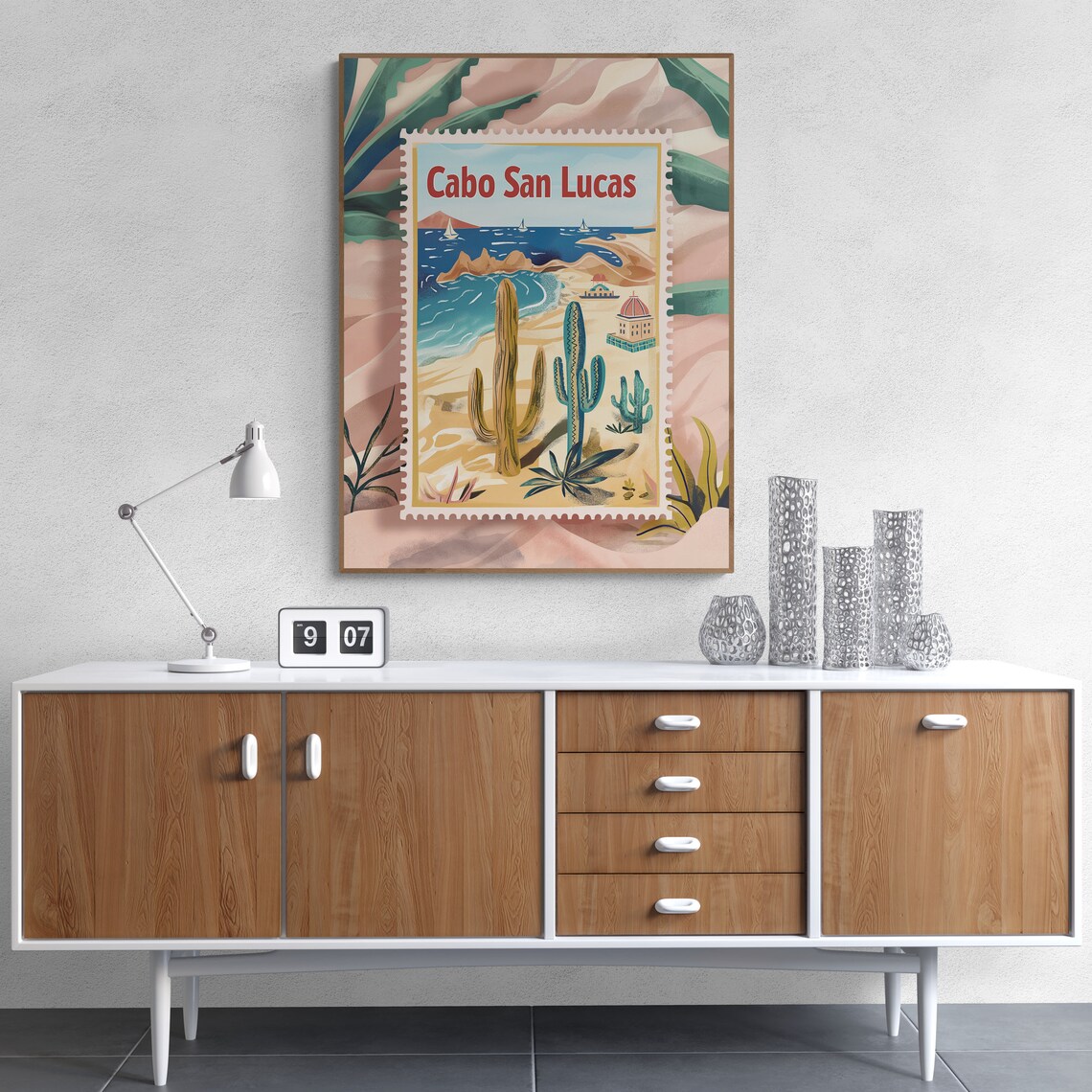 Cabo San Lucas Sunny Cactus Beach Vintage Travel Stamp Art Poster - Image 5