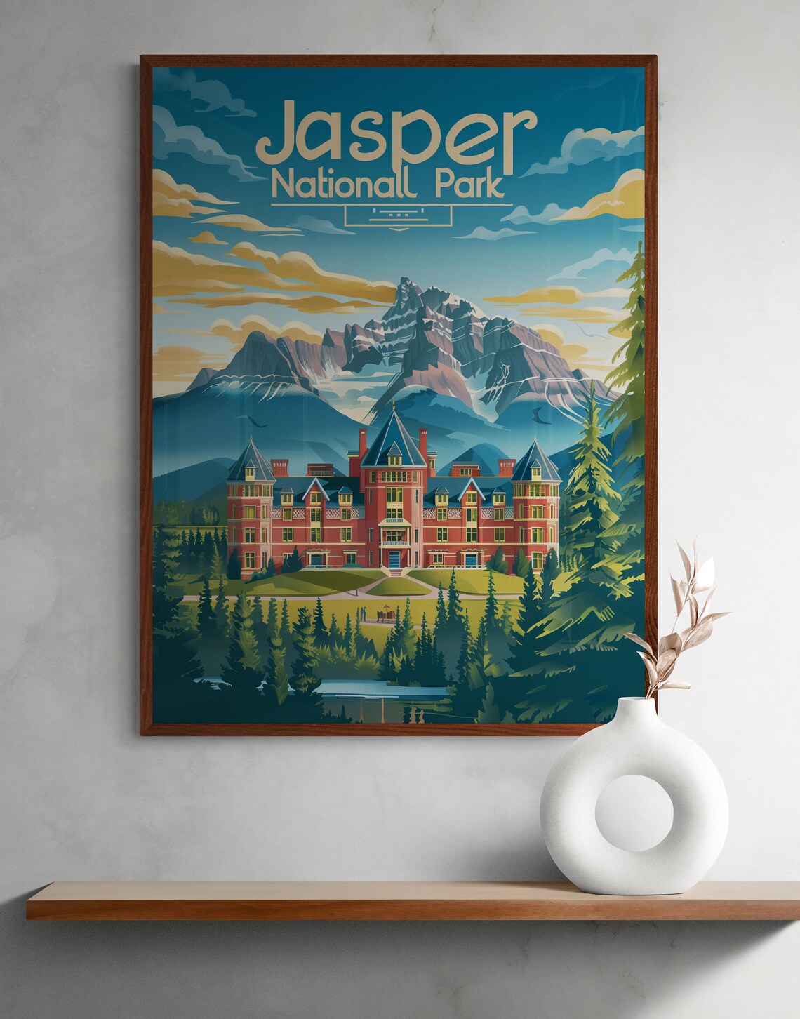 Jasper National Park Grand Hotel Mountains Pine Forest Travel Poster