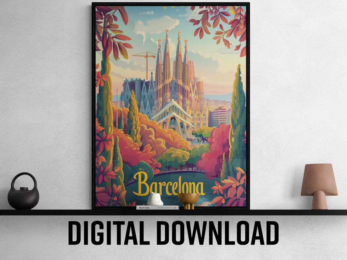 Barcelona Spain Sagrada Familia Church Autumn Park View Travel Poster