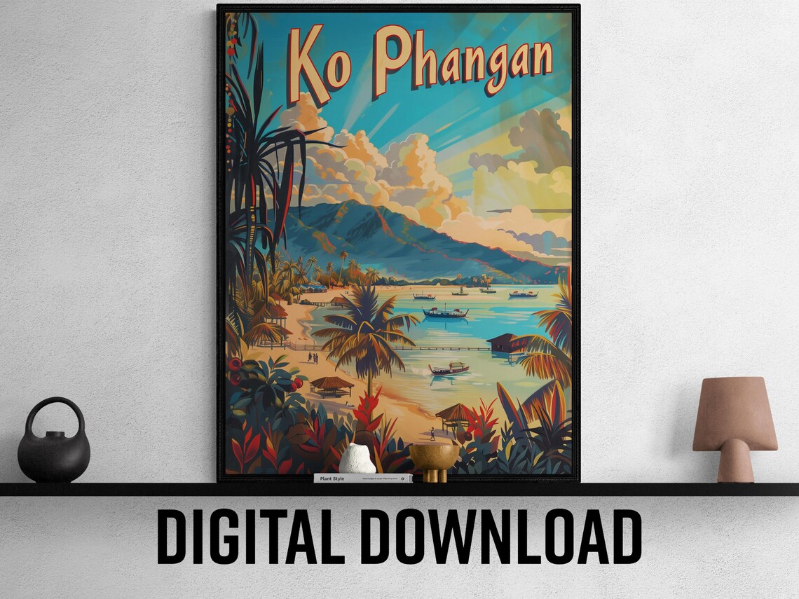 Ko Phangan Thailand Island Beach Boats Sunset Travel Poster Art