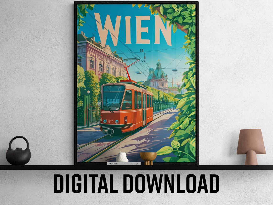 Vienna Austria Red Tram Street Green Trees Sunny Day Travel Poster - Image 2