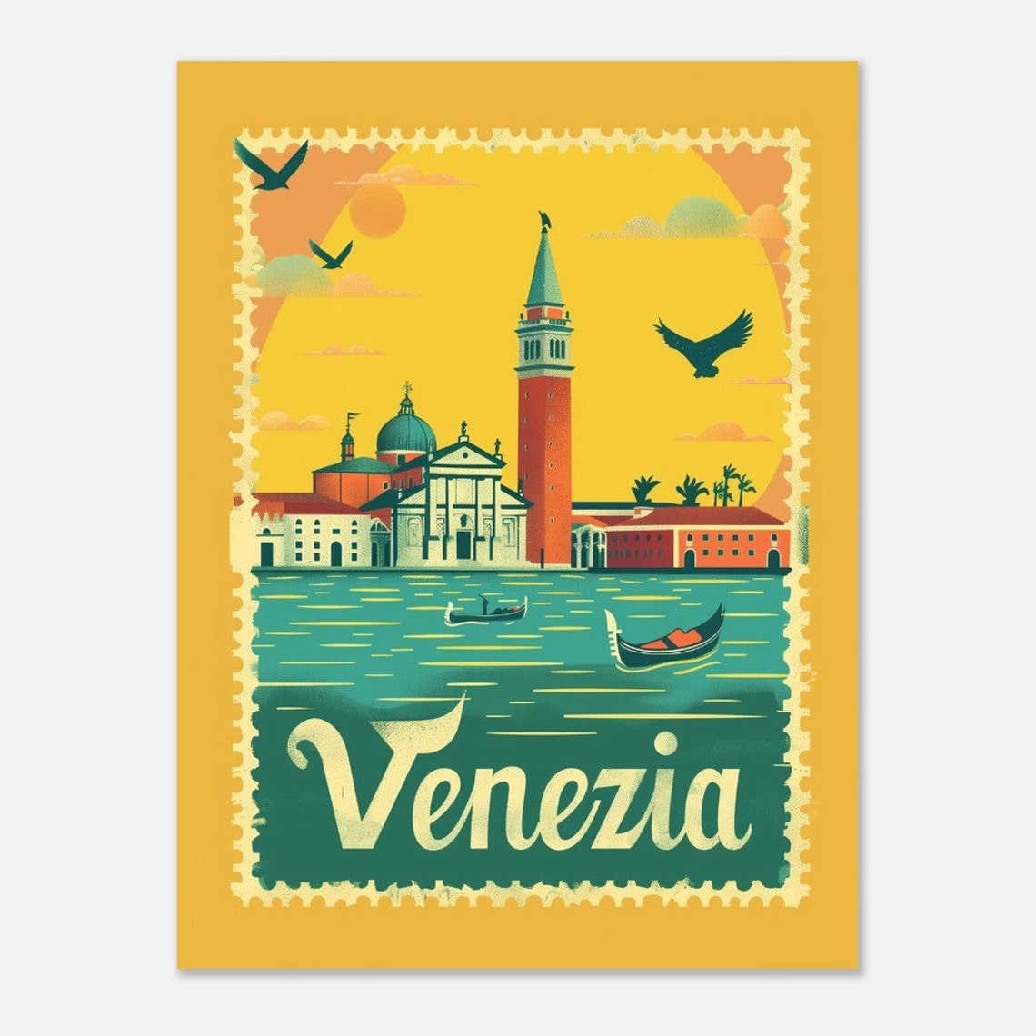 Venice St Marks Campanile Gondola Sunset Mustard Travel Poster - Image 2