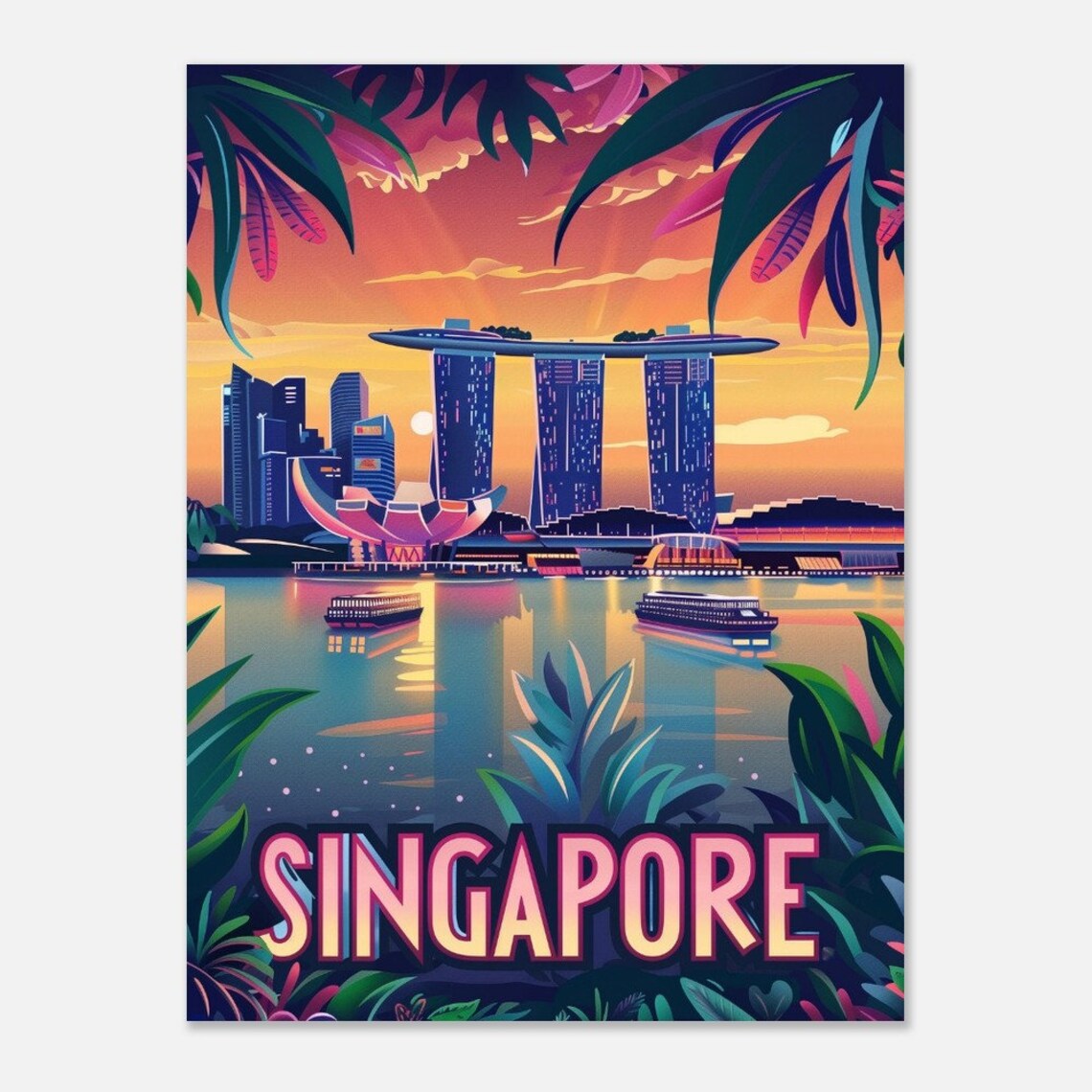 Singapore Marina Bay Tropical Foliage Sunset Travel Poster Art - Image 2