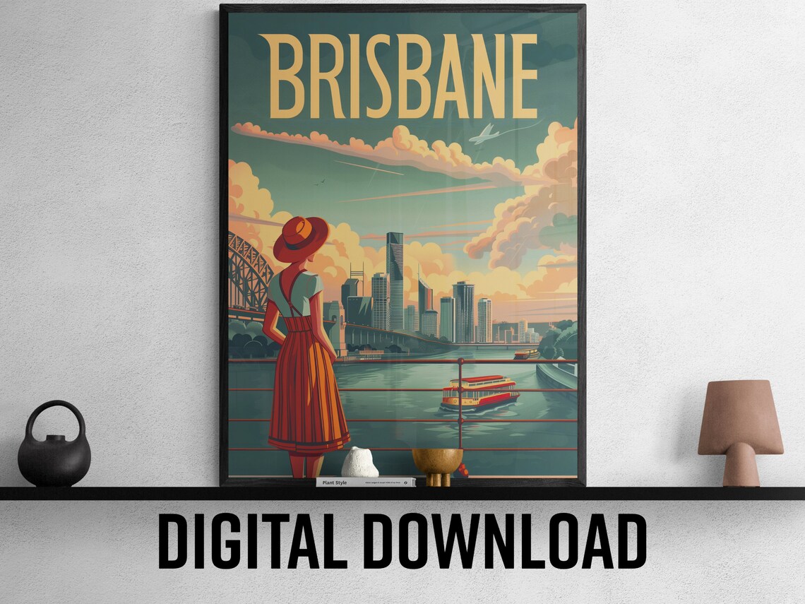 Brisbane Retro River Skyline Sunset View Vintage Travel Poster
