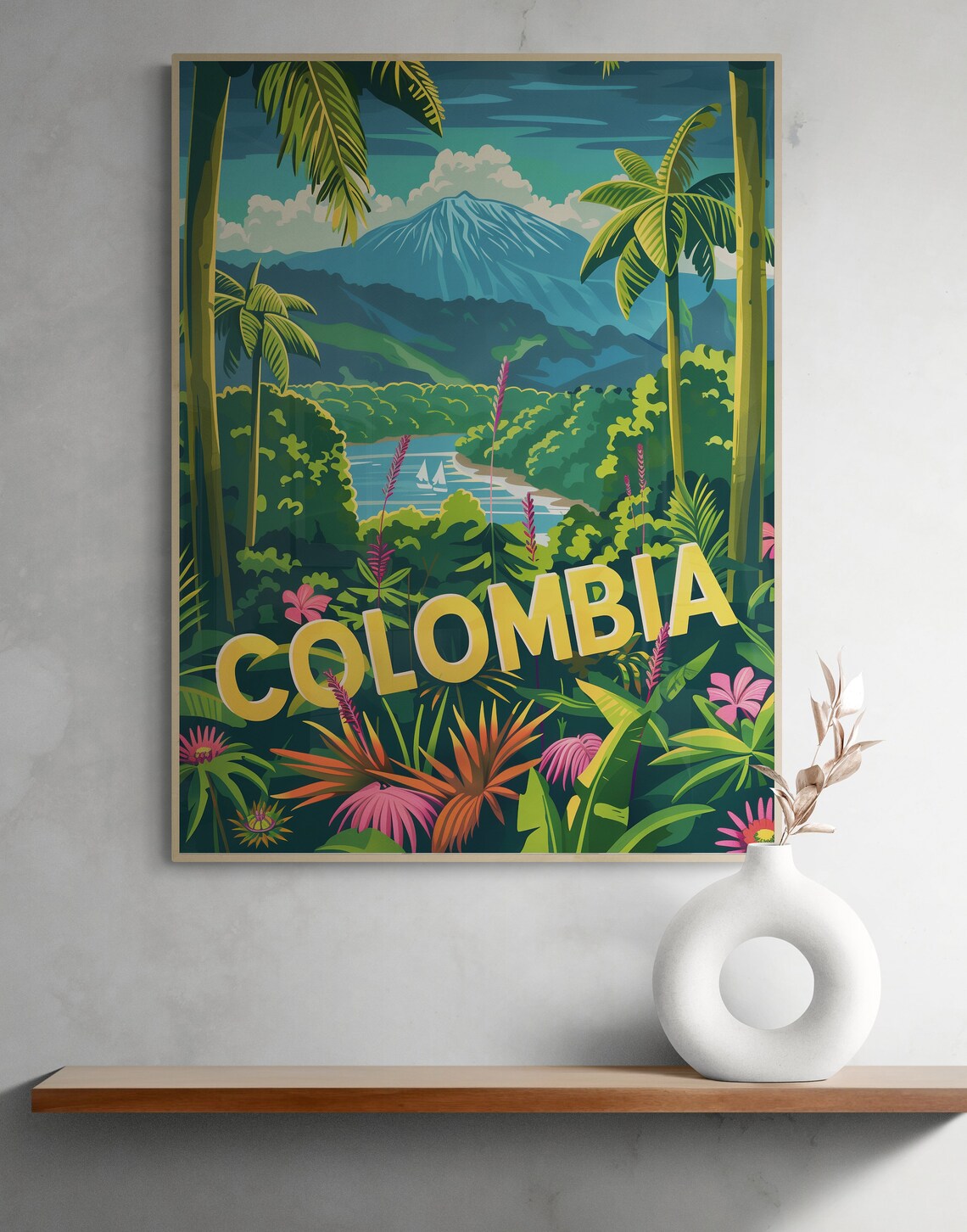 Colombia Lush Jungle Volcano Cove Sailboats Retro Travel Poster - Image 2