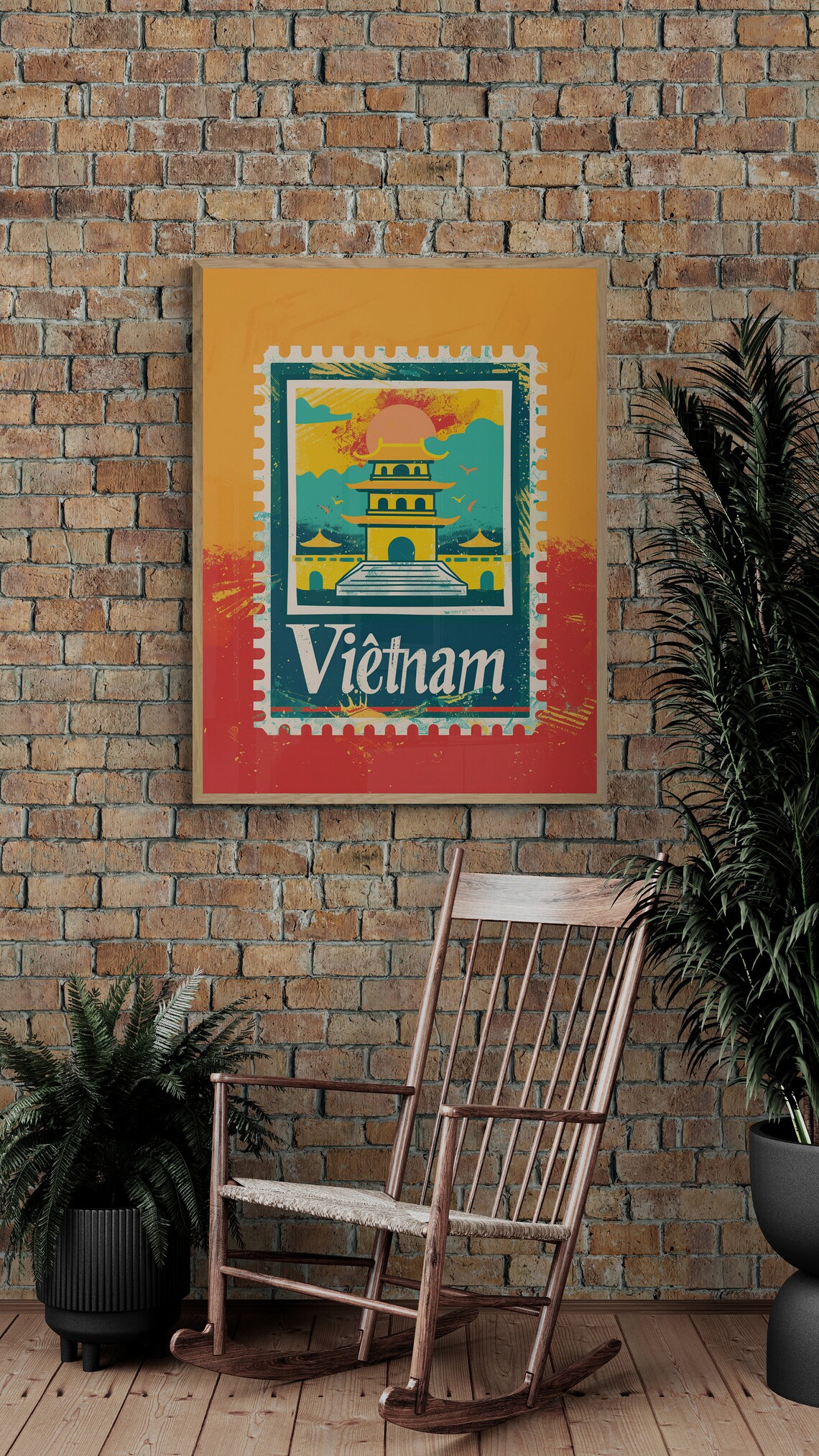 Vietnam Golden Pagoda Tower Sunset Retro Stamp Style Travel Poster - Image 3