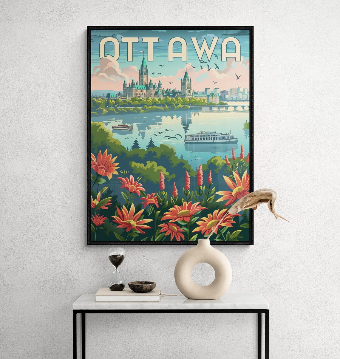 Ottawa Parliament Hill River Boats Flower Garden Travel Poster