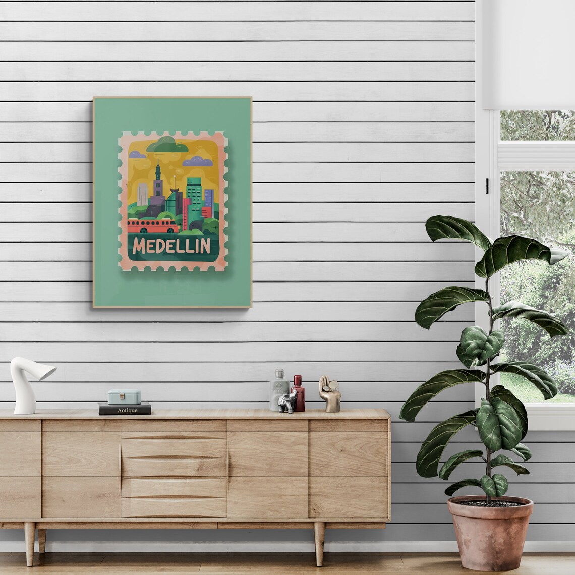 Medellin Colombia Skyline Red Bus Vintage Travel Stamp Poster - Image 4