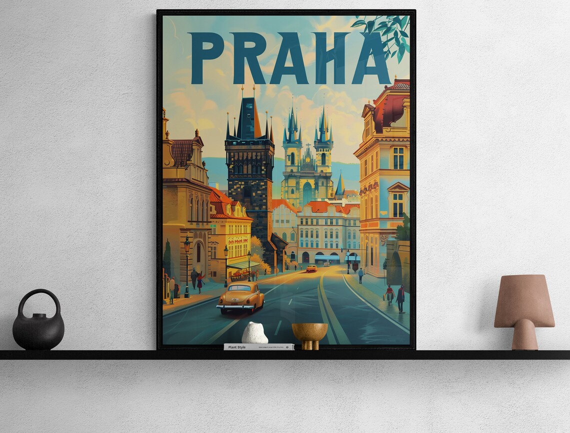 Prague Old Town Street Powder Tower Vintage Car Travel Poster - Image 2