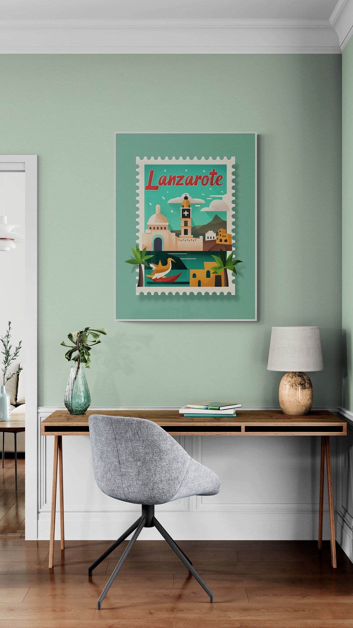 Lanzarote White Church Volcanic Hills Stamp Style Travel Poster - Image 5
