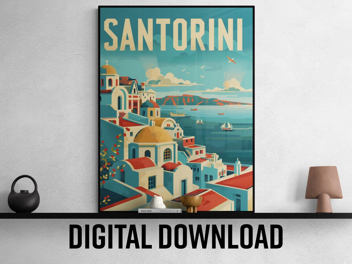 Santorini Greece Blue Domes Over Caldera Sea Vintage Travel Poster
