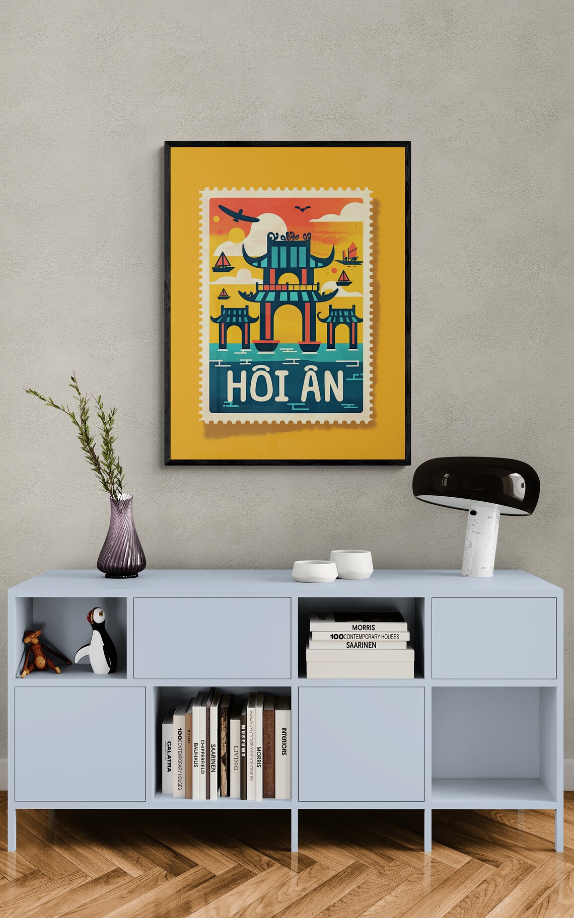 Hoi An Vietnam Covered Bridge Sunset Boats Stamp Travel Art Poster - Image 3