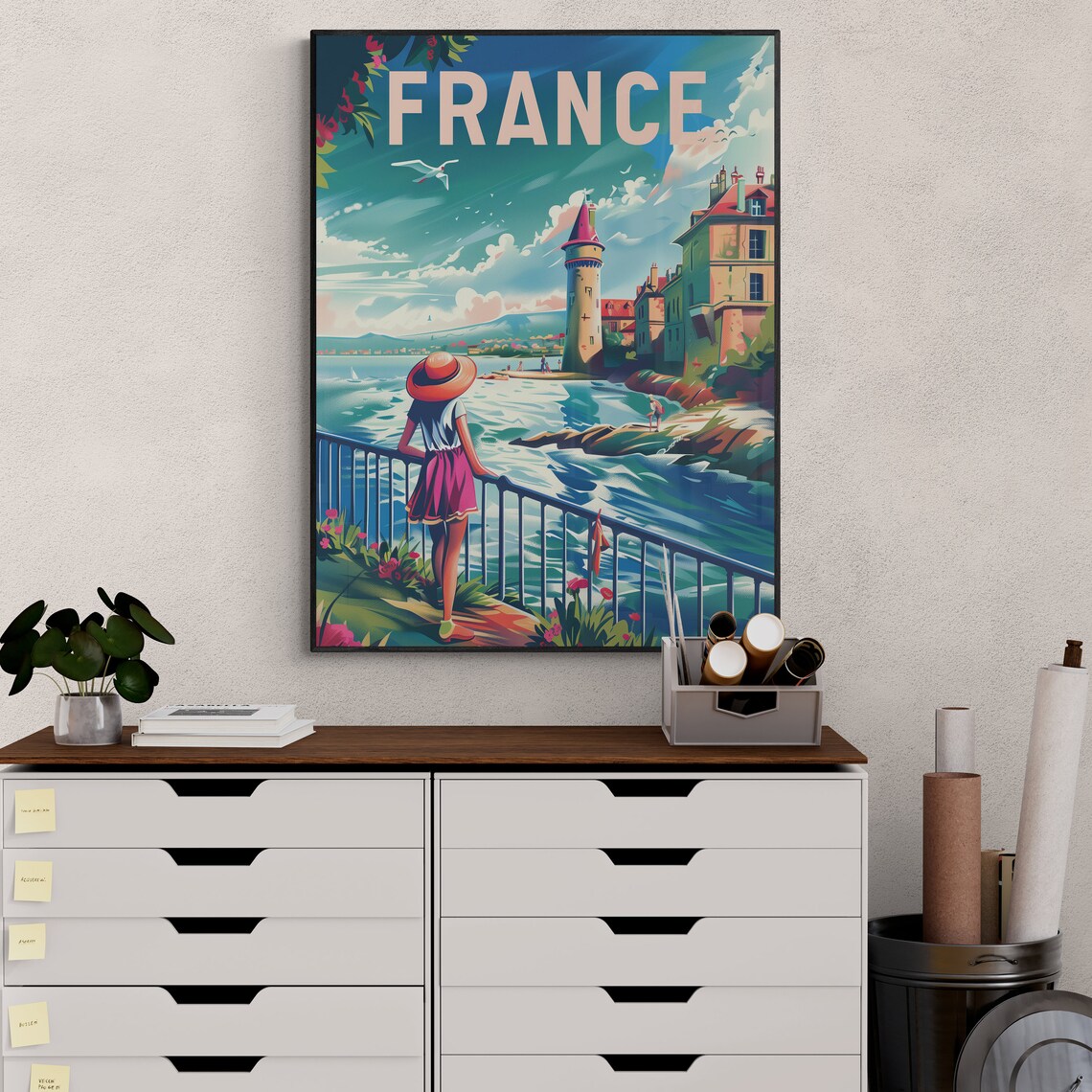 France Coastal Lighthouse Cove Girl Retro Travel Wall Poster - Image 3