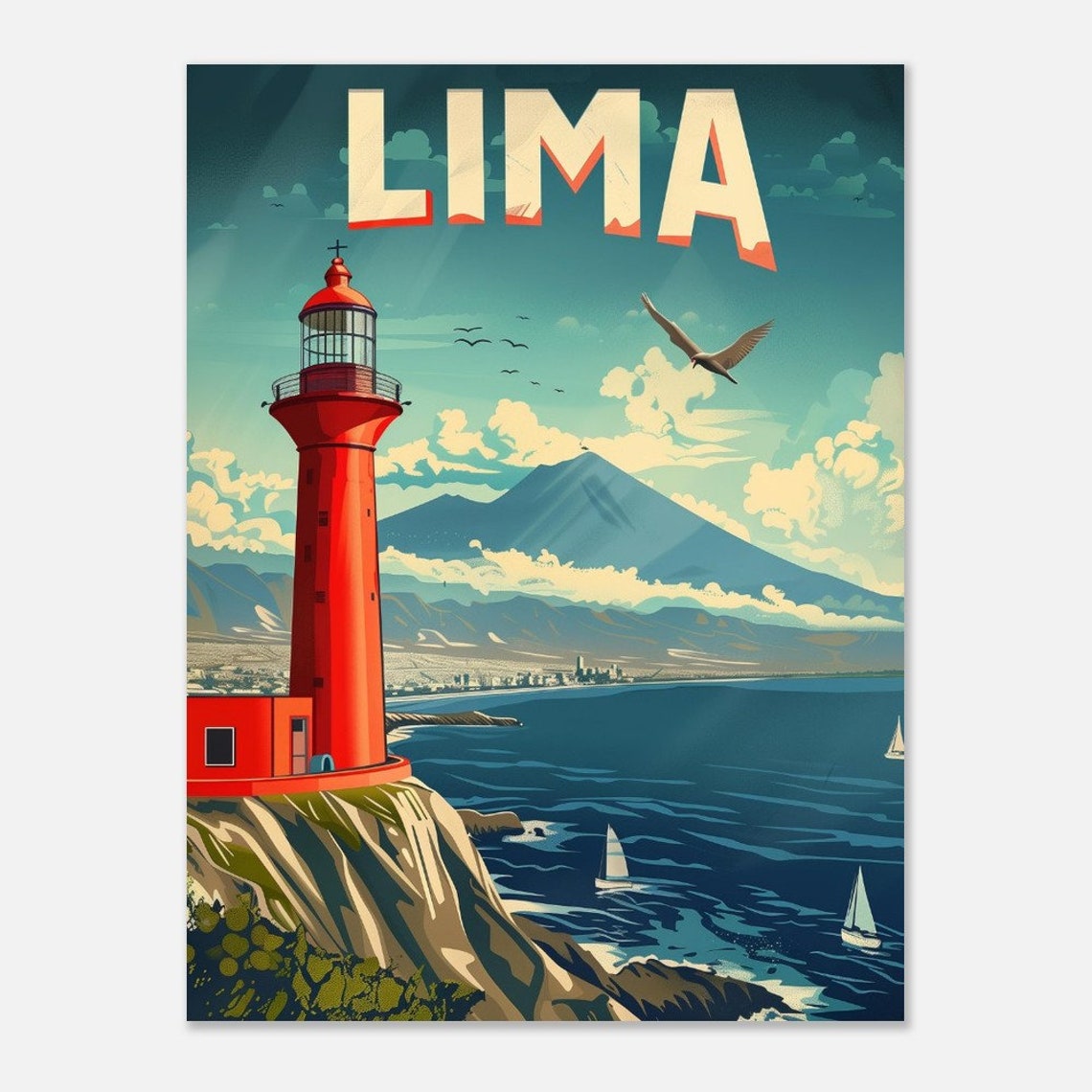 Lima Red Lighthouse Cliffs Pacific Coast Retro Travel Poster - Image 2