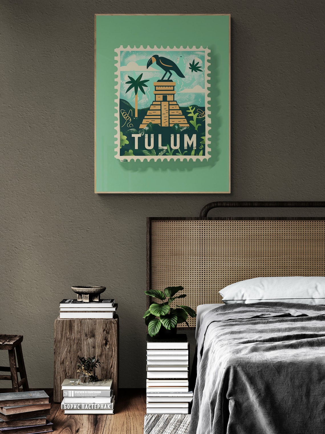 Tulum Mexico Mayan Pyramid Toucan Retro Stamp Travel Art Poster - Image 3