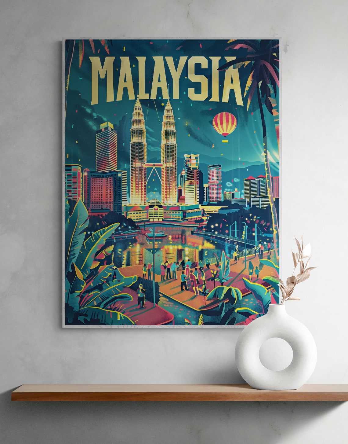 Malaysia Kuala Lumpur Night Skyline Balloon Retro Travel Poster - Image 3