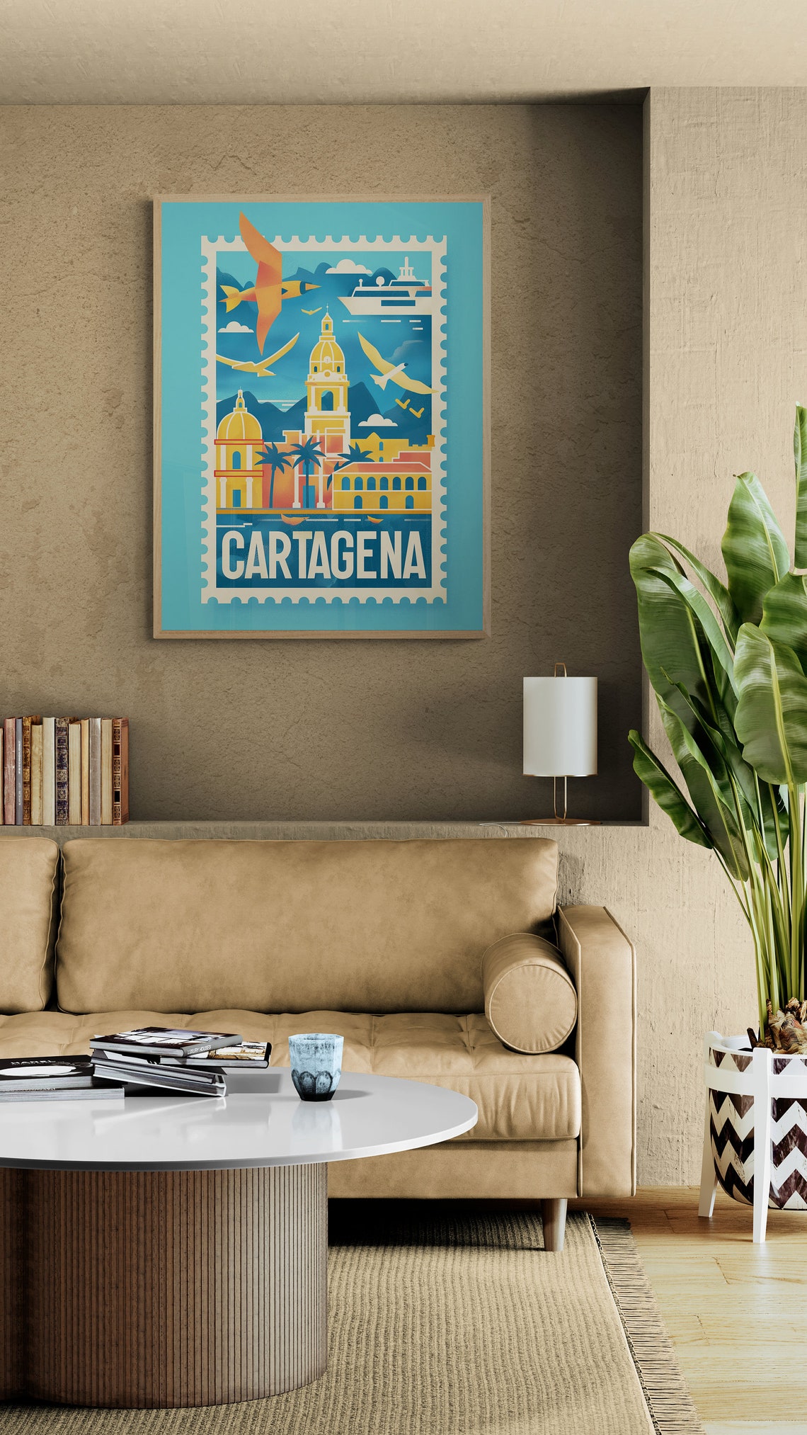 Cartagena Colonial Towers Seabirds Vintage Travel Stamp Poster - Image 3