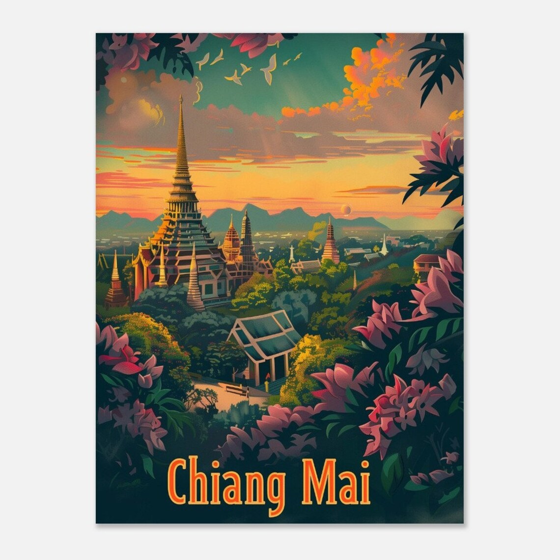 Chiang Mai Golden Chedi Sunset Flowers Temple Thailand Travel Poster - Image 2
