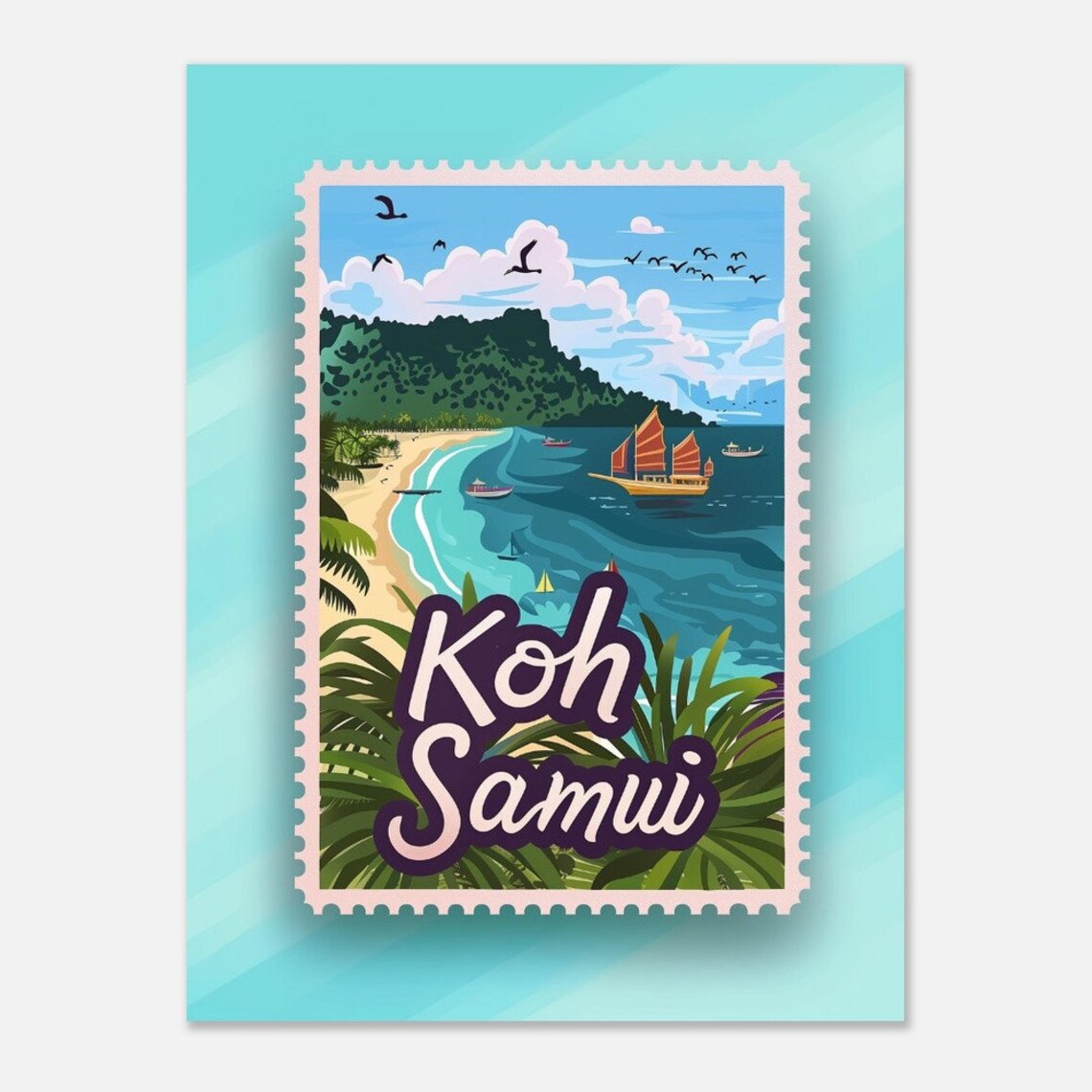 Koh Samui Thailand Tropical Beach Cove Stamp Style Travel Poster - Image 2