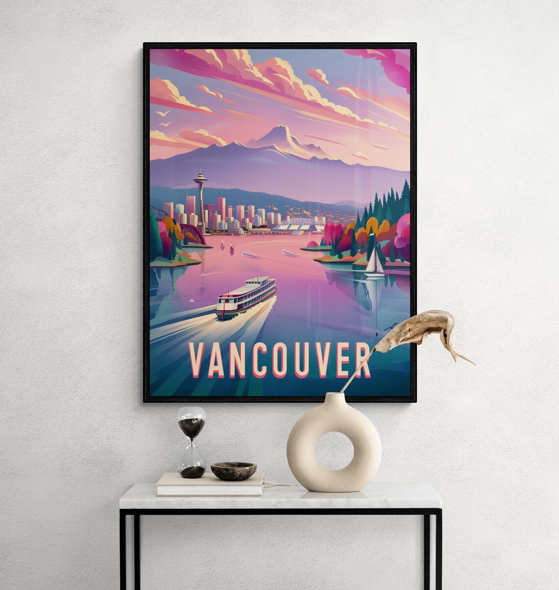 Vancouver Bay Ferry Wake Sailboats Pink Sunset Shore Travel Poster