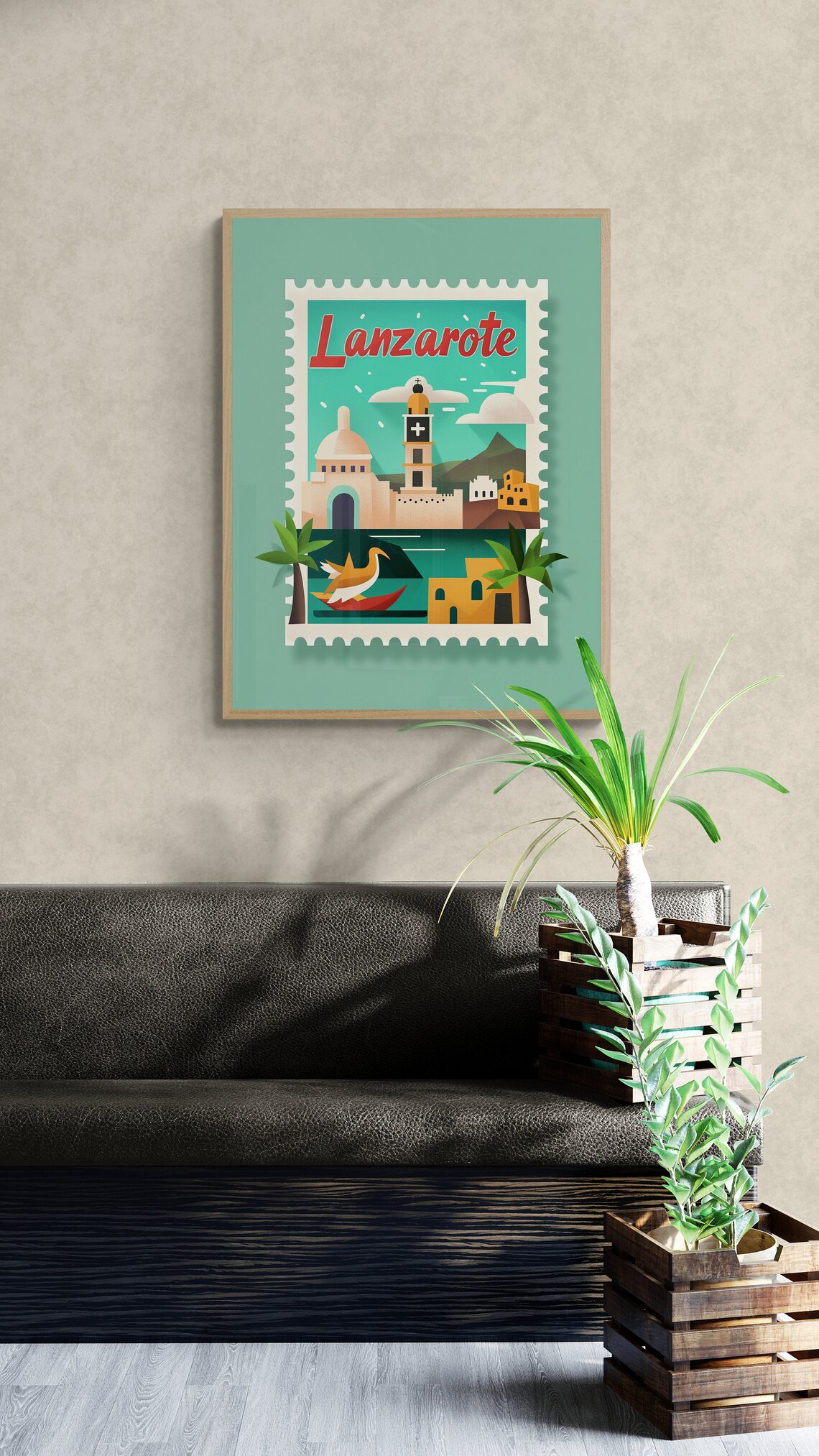 Lanzarote White Church Volcanic Hills Stamp Style Travel Poster - Image 3